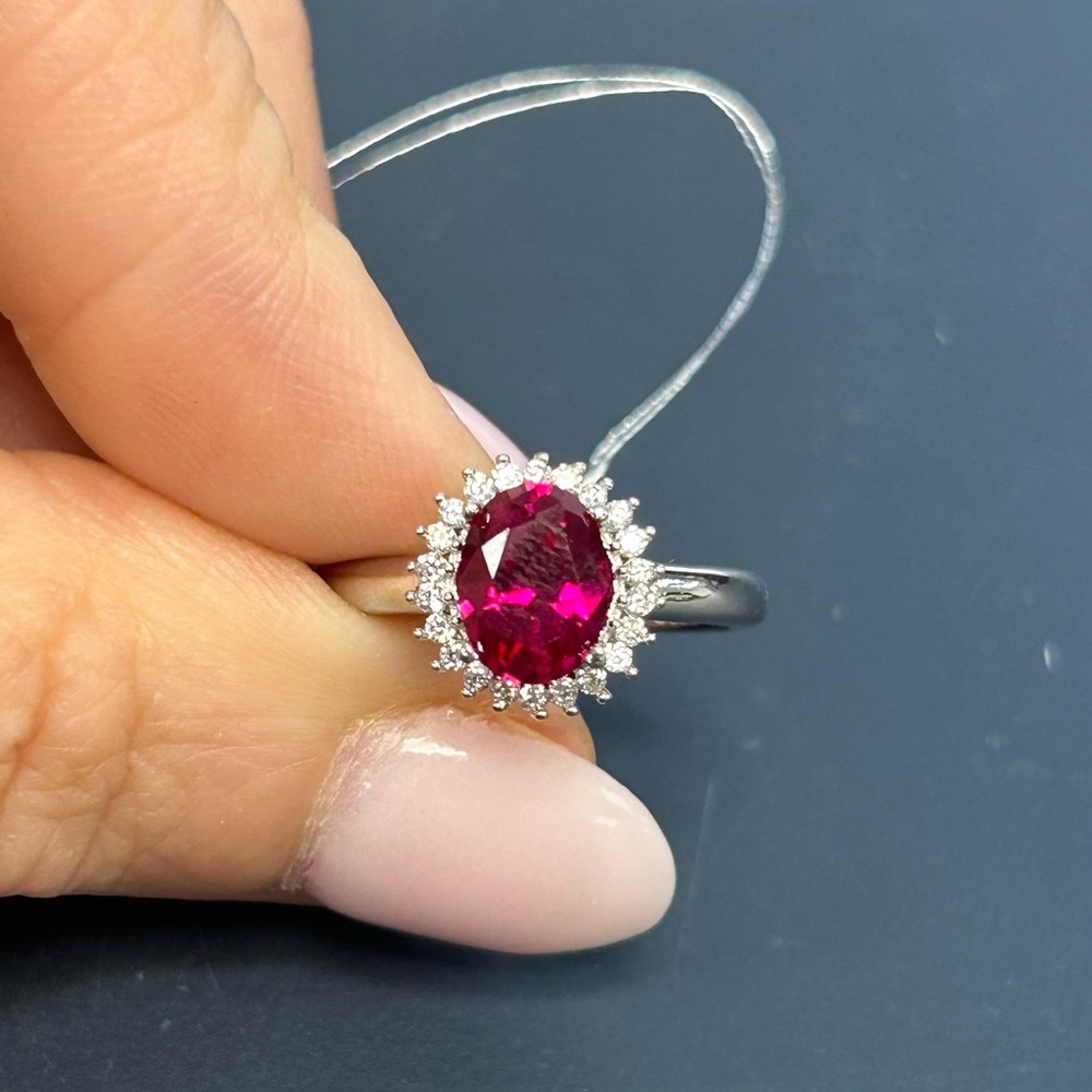 Suzy Levian Sterling Silver Oval Cut Red CZ & White CZ Halo Ring NWT